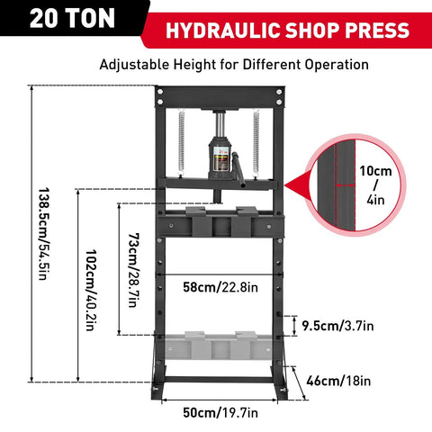 Beefy 20 Ton Hydraulic Shop Press With H Frame For Garage Floors Adjustable Plates And Built In Safety Valve Perfect For Metal Bending Straightening And Stamping Rugged Black Unit front view with measurements