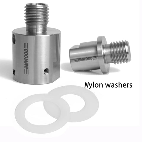 Hella Sturdy Wood Turning Lathe Adapter Converts 1 1/4 Inch Female To 1 Inch Male Thread With smooth headstock and nylon washer kit.