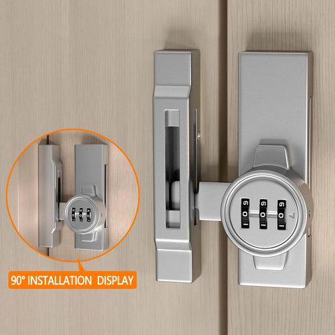 Keyless 3 Digit Combination Gate Latch For Barn Doors And Cabinets Mechanical Password Lock installed on sliding door with silvery finish