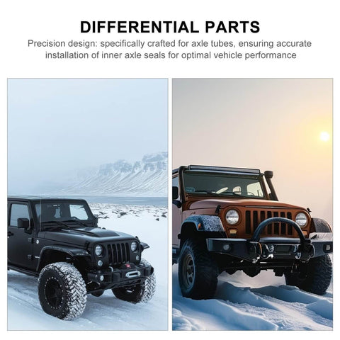 Front Axle Seal Installation Tool Kit For Off Road Vehicle Dana Axles Shaft Type Seal Puller With Differential Bearing Remover shown with two off-road vehicles in snowy terrain.