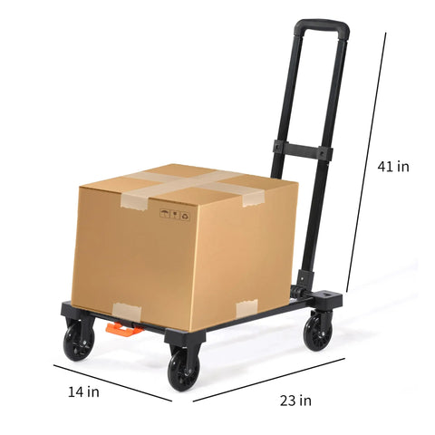 Collapsible Crate On Wheels Folding Hand Truck Set No Assembly Required Rollin Cart For Groceries Files Books And Tote Basket Mobile Storage For Home Or Office Lightweight Multi Purpose Rolling Cart with a cardboard box on it.