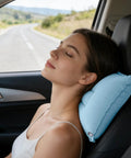 Woman using Inflatable Travel Pillow With Adjustable Firmness For Custom Neck Support And Easy Deflation, Sky Blue Comfort
