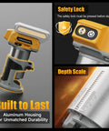 Powerful Brushless Cordless Router For Woodworking, 20V Battery Compatible, showing safety lock, depth scale, aluminum housing