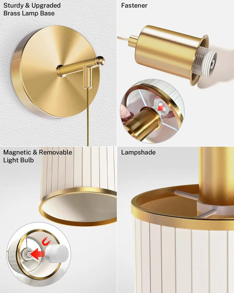 Premium Battery Operated Wall Sconces Set Of Two Wireless Rechargeable Led Lights with gold base and removable light bulb.