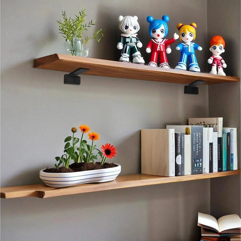 Rock Solid Hidden Floating Shelf Brackets Heavy Duty Black Metal L Bracket supporting wooden shelves with decor items.