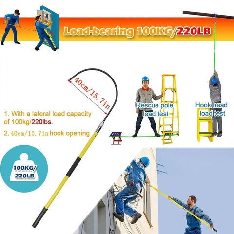 High Voltage Insulated Rescue Hook For Electrocution Safety Two Meter Long Heavy Duty Pole With 220lb Load Capacity Red Tool