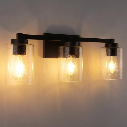 3 Light Vintage Style Vanity Light Fixture for Bathrooms in Oil Rubbed Bronze With Clear Seeded Glass Mid Century Modern Wall Sconce for Bath Vanity Hallway Or Bedroom 24.5 W x 8.7 H