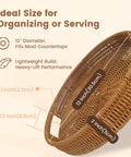 Go To 12 Inch Rattan Lazy Susan Organizer Rotating Serving Tray with handles, showing dimensions and wicker material.