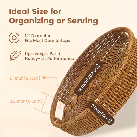 Go To 12 Inch Rattan Lazy Susan Organizer Rotating Serving Tray with handles, showing dimensions and wicker material.
