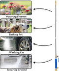 High Pressure Power Washer Wand With Hydro Jet Spray, Flexible Water Wand And 3 Nozzle Set For Cars, Windows, Patios, Gutters, And Pets, Universal 3/4 Inch Hose End Connector, Extends To 19, 28, Or 39 Inches, Blue in use for various cleaning tasks like watering flowers, bathing pets, washing cars, and scouring ground.
