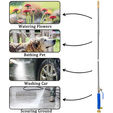 High Pressure Power Washer Wand With Hydro Jet Spray, Flexible Water Wand And 3 Nozzle Set For Cars, Windows, Patios, Gutters, And Pets, Universal 3/4 Inch Hose End Connector, Extends To 19, 28, Or 39 Inches, Blue in use for various cleaning tasks like watering flowers, bathing pets, washing cars, and scouring ground.