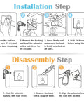 Installation and disassembly steps for Heavy Duty Sticky Hooks 4 Pack Stainless Steel Wall Hanger Towel Hooks