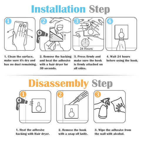 Installation and disassembly steps for Heavy Duty Sticky Hooks 4 Pack Stainless Steel Wall Hanger Towel Hooks