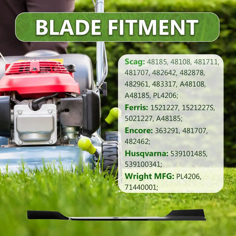 Beefed Up High Lift Mower Blades Set 3 Pack For Scag Tiger Cub Wildcat Turf Tiger And John Deere Walk Behind Mowers With 36 And 52 Inch Decks Replaces Multiple Part Numbers, compatible with Scag, Ferris, Encore, Husqvarna, Wright MFG brands.