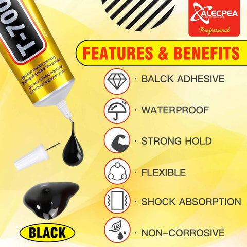 Upgrade T7000 Black Adhesive Glue 2 Pack 15ml Tubes High Performance Waterproof Bond For Precise Repairs On Phones Electronics Jewelry Cameras And Crafts, shown with features including waterproof, strong hold, flexible, shock absorption, and non-corrosive properties.