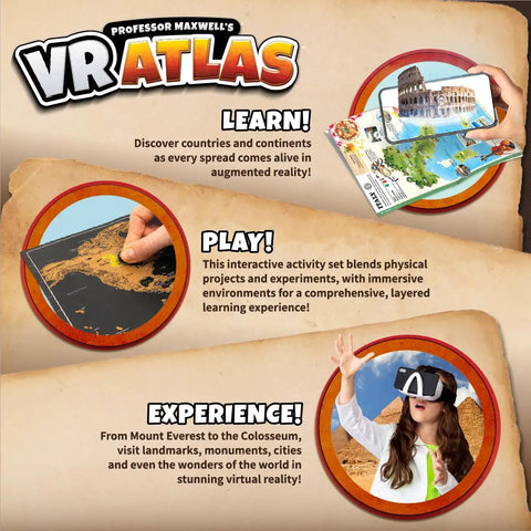 VR Atlas World Explorer Science Kit For Kids 8 To 12 - Totally Immersive AR Learning With A 144 Page Illustrated World Atlas, Hands-On Projects And Global Landmarks, Cultures, Currency And Cuisine.