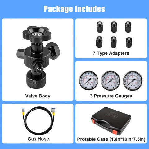 Pro Grade Nitrogen Accumulator Charging Kit With 1500 PSI, 4000 PSI, And 6000 PSI Gauges, All In One Hydraulic Test System, Includes 7 Adapters, Gas Hose And Main Valve Body