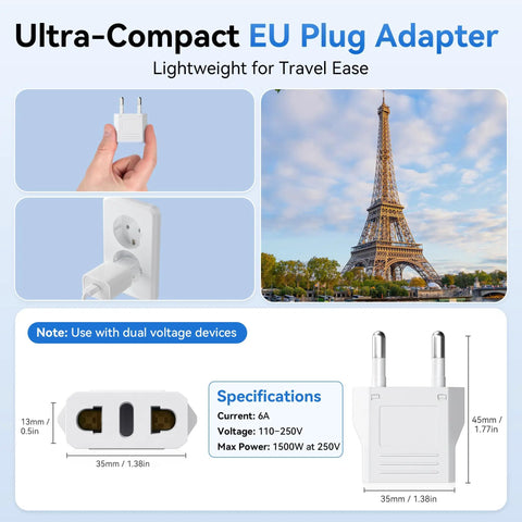 US To Europe Travel Plug Adapters 2 Pack Type C 220V Power Plugs For Germany France Spain Italy And More in use and Eiffel Tower view