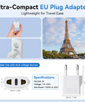 Hand holding US To Europe Travel Plug Adapters Pack, Type C Pin European Outlet Converter Schuko, next to Eiffel Tower.