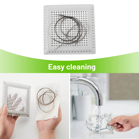 Stainless Steel Shower Drain Cover With Ultra Soft Silicone Grip Nabs Every Stray Hair And Kills Drain Clogs Dead Keeping Your Bathroom Totally Hassle Free Super Non Slip Secure Fit For Rapid Water Flow Daily, shown with hair removal and easy cleaning.
