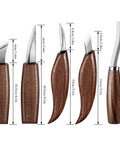 Wood Carving Kit With 6 Whittling Knives For Woodwork And Chip Carving, Trimming Knife Set for Beginners Adults Kids displayed with dimensions.
