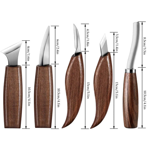 Wood Carving Kit With 6 Whittling Knives For Woodwork And Chip Carving, Trimming Knife Set for Beginners Adults Kids displayed with dimensions.