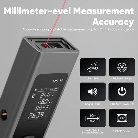 2-In-1 Laser Measure And Line Laser Pro-Grade With 196 Ft Range, Cross Line Alignment, Three Laser Heads, Type C Rechargeable, Area Volume And Pythagorean Calculations For Construction And Tiling, 1.4 Inch Black LCD, front view