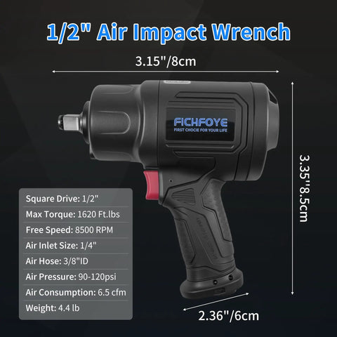 Rock Solid Half Inch Air Impact Wrench Delivers 1620 Ft Lb Torque And 8500 Rpm Spin For Heavy Duty Automotive Jobs And Quick Tire Swaps No Nonsense Power Tool side view with dimensions.