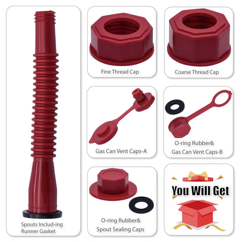 Red Gas Can Spout Replacement Kit for Half Five and Ten Gallon Cans with Two Different Sized Screw Collar Caps and Vent Caps