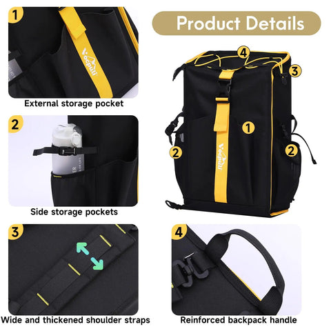 All In One Camping Backpack Table Kit With Aviation Aluminum Frame, Two Foldable Chairs, showing storage pockets and straps