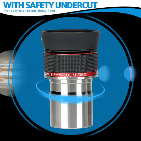 3Mm To 8Mm Zoom Eyepiece For 1.25 Inch Telescopes, Parfocal Design, silver and black eyepiece with safety undercut feature