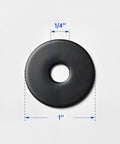 Front view of black oxide stainless steel fender washer, 1'' OD with 1/4'' hole.