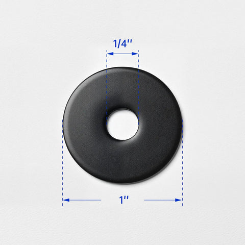 Front view of black oxide stainless steel fender washer, 1'' OD with 1/4'' hole.
