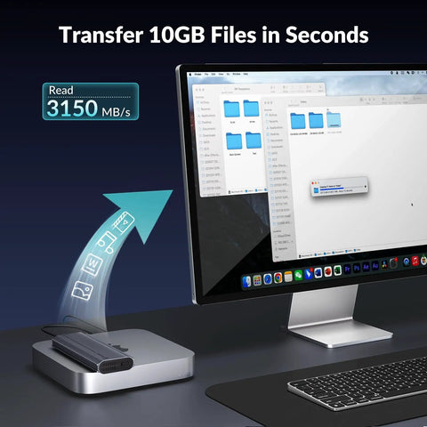 Sleek External NVMe SSD Enclosure With Thunderbolt 4 And USB4 Ports Delivers Beast Mode 40Gbps Speeds shown with Mac desktop.