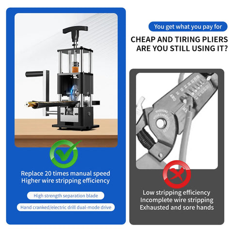 Copper Wire Stripping Machine with Adjustable Range from 0.04 to 1 Inches shown with manual and drill operation options