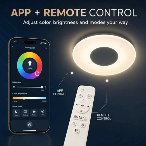 Dimmable 15 Inch LED Ceiling Light With Bluetooth Speaker, 24W, App Control Via Smartphone, flush mount bedroom fixture
