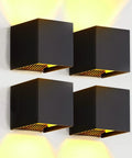4 Pack LED Aluminum Waterproof Outdoor Wall Light With Angle Adjustable Heads 20W 100 To 277V 2700K Warm White Modern Exterior Wall Lanterns For Patio Garden No Fuss Easy Install, shown lit with warm yellow glow.