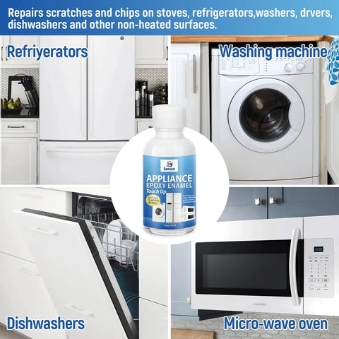 White Appliance Touch Up Paint Pen Enamel High Gloss Acrylic Scratch Repair For Refrigerators Metal Porcelain And Enamel Surfaces Quick Dry Water Resistant Precise Application Ideal For Dishwashers Dryers Microwaves Washers And More 1.5oz bottle in front of various appliances.