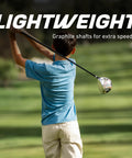 Teen Golf Club Set For Ages 13 To 16 With Driver, Hybrid, 7 PW Irons, Putter, Stand Bag And 3 Headcovers Graphite Woods, Steel Irons, Right Hand Youth Golf Kit Built For Speed, Control, And Confidence. Boy swinging driver with graphite shaft, golf course background, words 'Lightweight'.