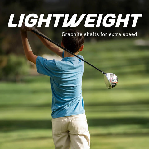 Teen Golf Club Set For Ages 13 To 16 With Driver, Hybrid, 7 PW Irons, Putter, Stand Bag And 3 Headcovers Graphite Woods, Steel Irons, Right Hand Youth Golf Kit Built For Speed, Control, And Confidence. Boy swinging driver with graphite shaft, golf course background, words 'Lightweight'.