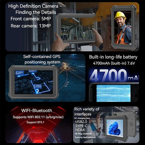 Knucklebuster Proof Rugged 7 Inch Industrial Tablet With Windows 11 Pro Intel N100 Chip 8G Ram 128G Drive IP67 Waterproof Display showcasing GPS and camera features.