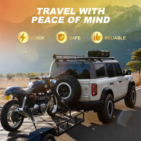 Heavy Duty Self Retracting Ratchet Straps 1 Inch By 10 Feet 1650 Pound Break Strength securing motorcycle on trailer