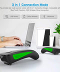 Pocket 1D Barcode Scanner With Bluetooth USB And 2.4G Wireless 3 In 1 Connection next to laptop, tablet, and phone