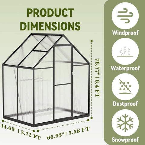 Durable 6x4 Ft Polycarbonate Greenhouse With Hygrometer For Outdoor Planting, Easy Assembly, Aluminum Frame, Lockable Door, Vented Roof Window, Heavy Duty Garden Shelter For Year Round Growth