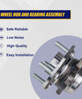 Ford Fusion Front And Rear Wheel Hub Bearing Assembly With ABS 5 Lug Drop-In Replacement Fits 2013-2020 Fusion Police Responder Hybrid SSV Plug-In 2019-2020 And Lincoln MKZ 2013-2016, features list displayed