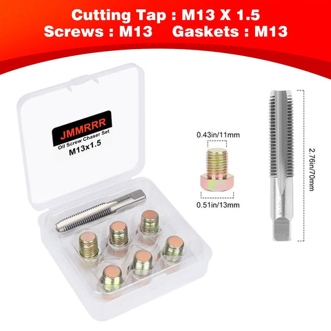 Stainless Steel Oil Drain Plug Thread Repair Kit M13 X 1.5Mm Rethread Tool For Oil Pan Screws shown with tap, screws, and gaskets in a box
