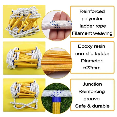 Heavy Duty Emergency Fire Escape Ladder With Quick Deploy Hooks And Non Slip Resin Rungs Built Tough For Two Story Flame Resistant apartment gear details.