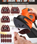 Straight Shooting Electric Detail Sander With Heavy Duty Dust Extraction And Ergonomic Palm Grip, showing self-adhesive sanding pads.
