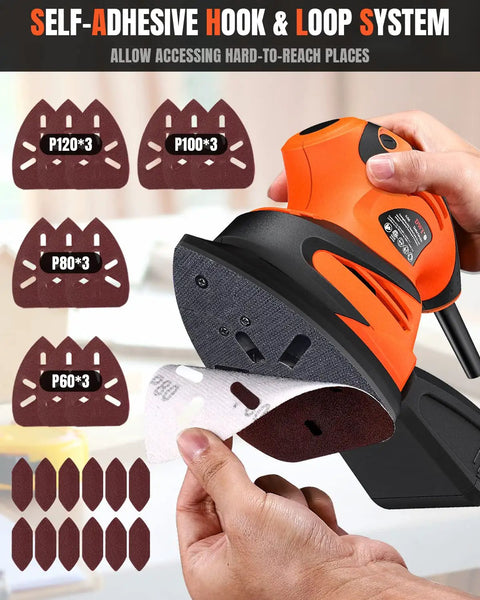 Straight Shooting Electric Detail Sander With Heavy Duty Dust Extraction And Ergonomic Palm Grip, showing self-adhesive sanding pads.