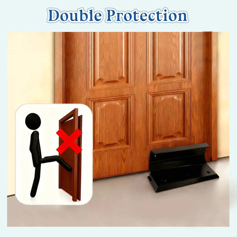 Top Shelf Heavy Duty Door Barricade Security Lock Travel Safe Kick Resistant Floor Brace Solid Aluminum Alloy Bulletproof Portable Hotel Room Anti Theft Shield securing a wooden door against forced entry.